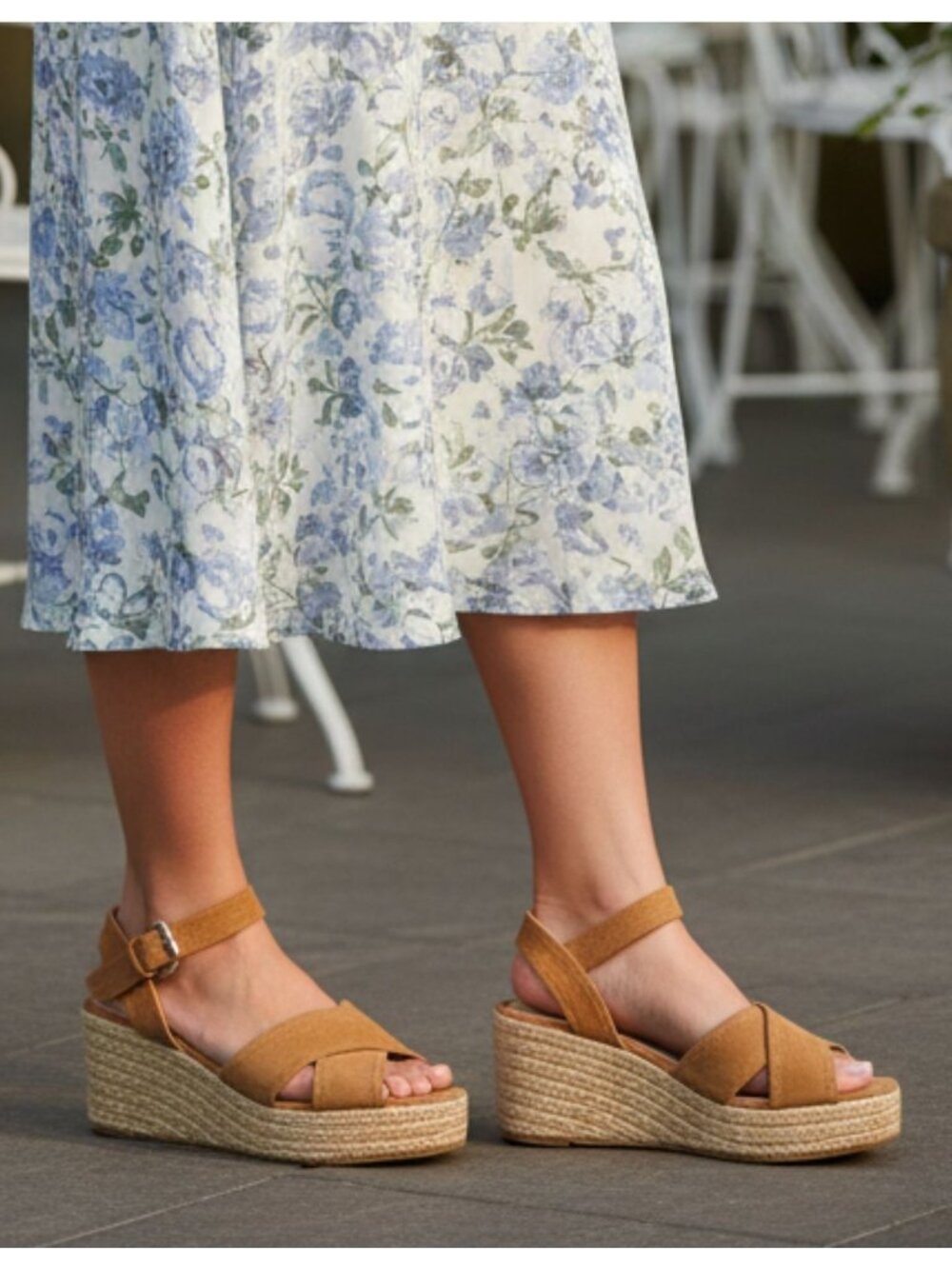 Camel Suede Espadrille Wedge Sandals With Ankle Strap & Buckle Closure For Women